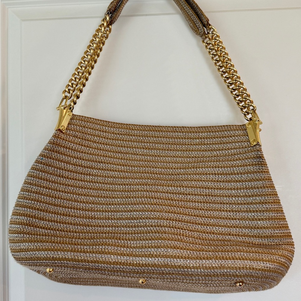 Eric Javits Woven Metallic Gold, Silver and Tan Striped Shoulder Bag - Picture 6 of 11